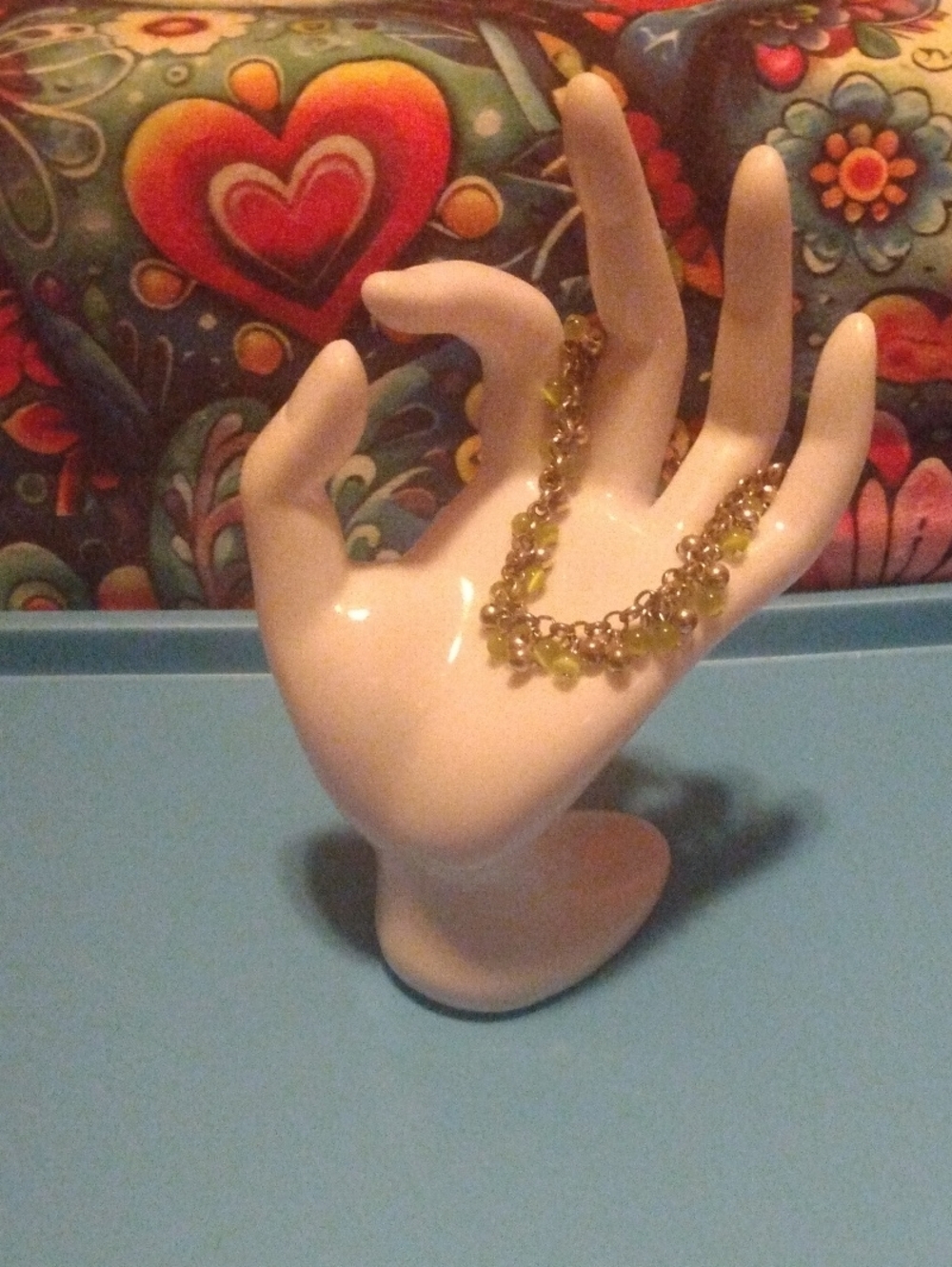 Gold Tone Chain Bracelet with Green Cat Eye Beads